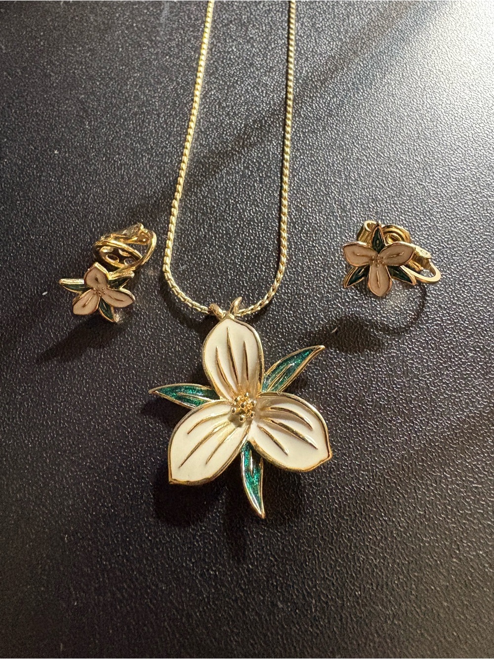 Gold-Tone White & Green Floral Pendant Necklace and clip on Earring Set 1980s